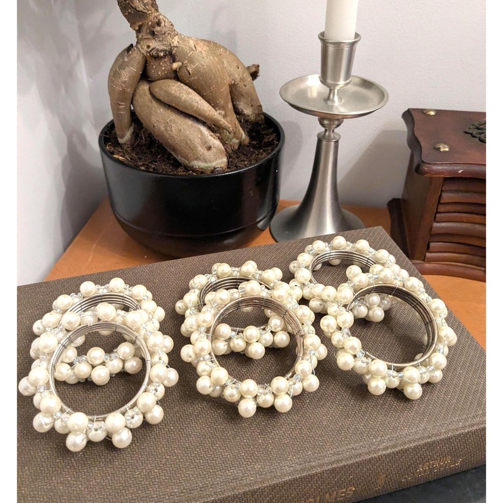 Vintage Pearl Napkin Rings Set – Beaded Table Decor – Romantic Wedding Table‎